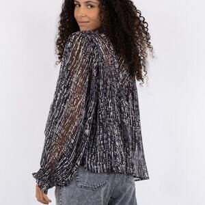 Neo Noir Flavi Graphic Drop Blouse Top Smocked Shirt Ruffle Sheer XS 34 278256